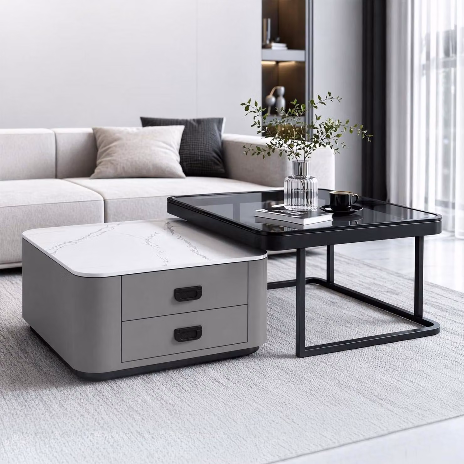 Set di tavolini da caffè, 2 pezzi, impilabili, bianco e grigio, effetto marmo, con cassetti