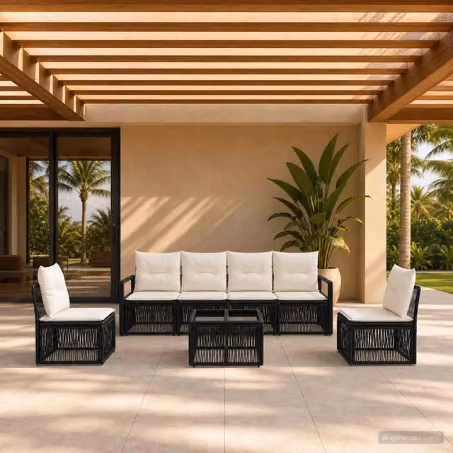 Set da giardino moderno vidaXL composto da 7 pezzi in rattan nero con divano a 3 posti, poltrone, tavolino da caffè e cuscini imbottiti con coperture rimovibili – 1