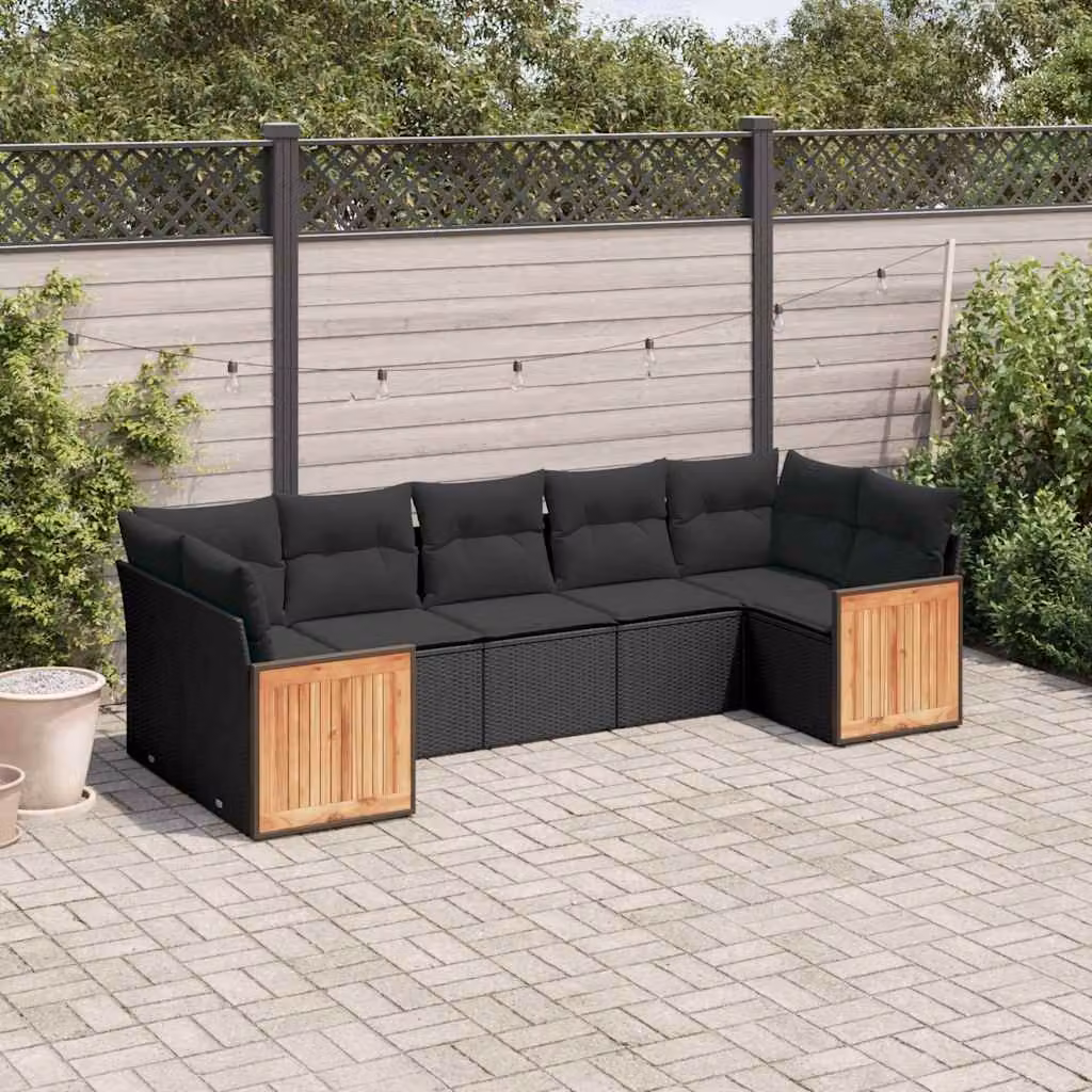 vidaXL Set Divani da Giardino a L con Cuscini 7pz Nero in Polyrattan e Metallo – 1