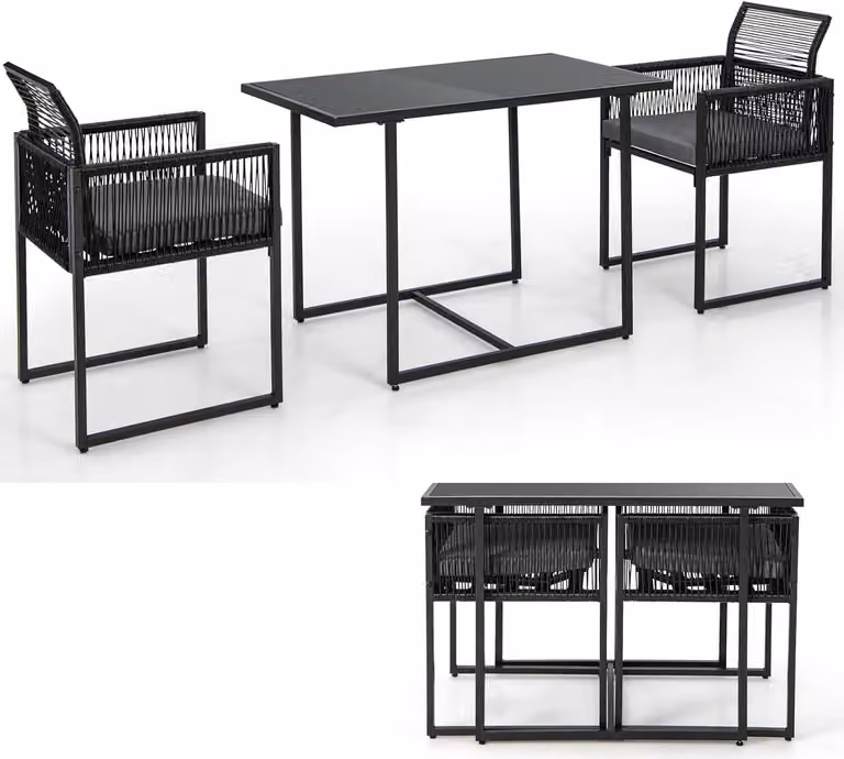 KOMFOTTEU Set da bar da 3 pezzi con sedie pieghevoli, set da bar da giardino in rattan, set da pranzo con cuscini rimovibili, mobili da giardino resistenti alle intemperie
