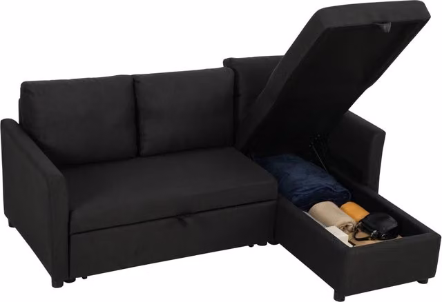 Divano Letto Angolare Effetto Lino con Vano Portaoggetti a Scomparsa, 192x148x86 cm, Grigio Antracite