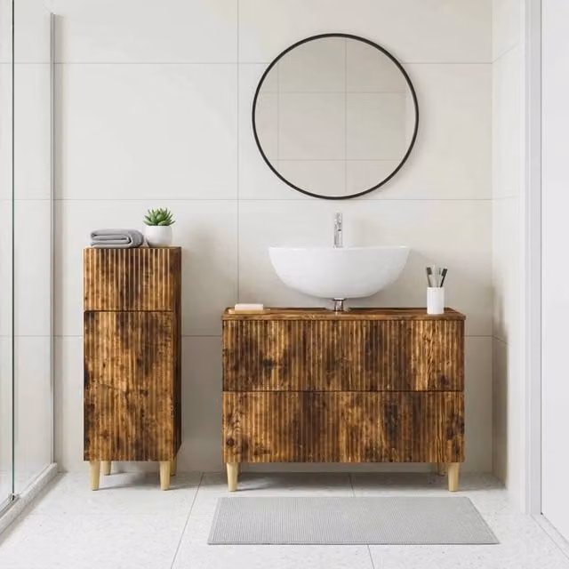 Set di mobili da bagno moderno vidaXL composto da mobile lavabo e mobile contenitore in legno Rovere Fumo marrone con ante a battente e ripiani interni – 1