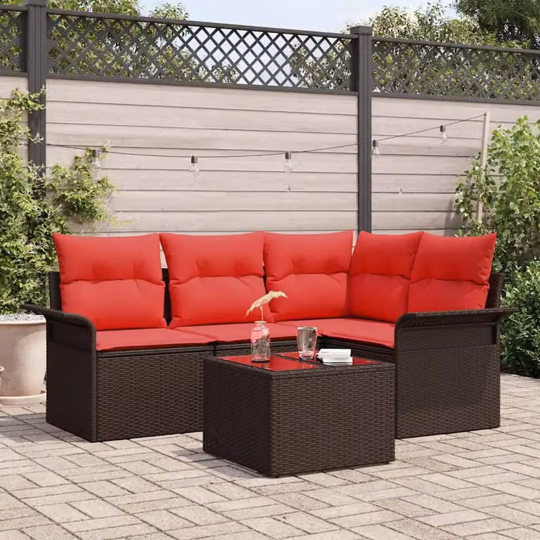 Set Divano da Giardino vidaXL 5 pz a Forma a L con Tavolino, Colore Marrone e Rosso, Struttura in Metallo e Polyrattan con Cuscini Rimovibili
