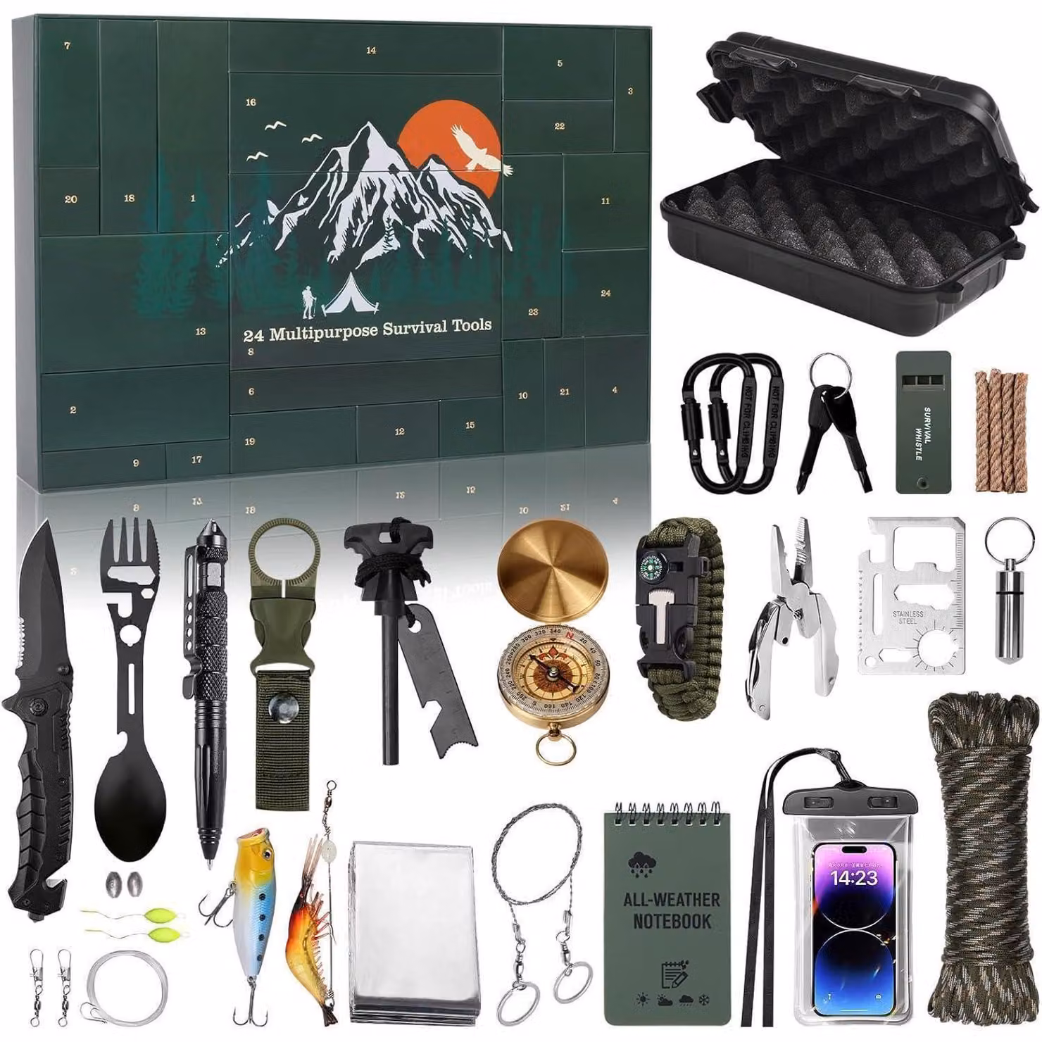 Calendario dell'Avvento a tema "Kit di sopravvivenza", con 24 giorni di attesa per il Natale, contenente attrezzatura di emergenza per avventure all'aperto