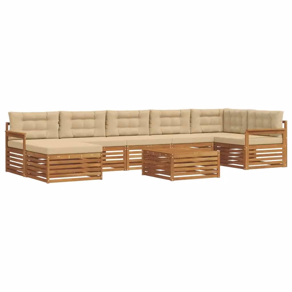 Set di divani da esterno a L vidaXL in legno di acacia con cuscini beige e marrone, composto da 8 pezzi con tavolino e pouf – 2