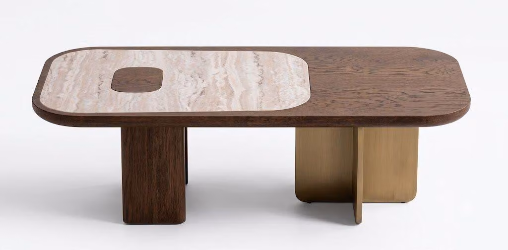 Tavolino da caffè marrone, con braccioli in legno, design moderno ed elegante, ideale per il soggiorno, offre comfort e stile