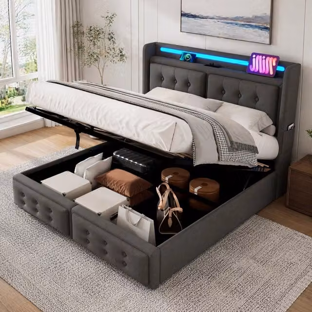 Letto matrimoniale 160x200 cm con contenitore; LED e ricarica USB-C; grigio