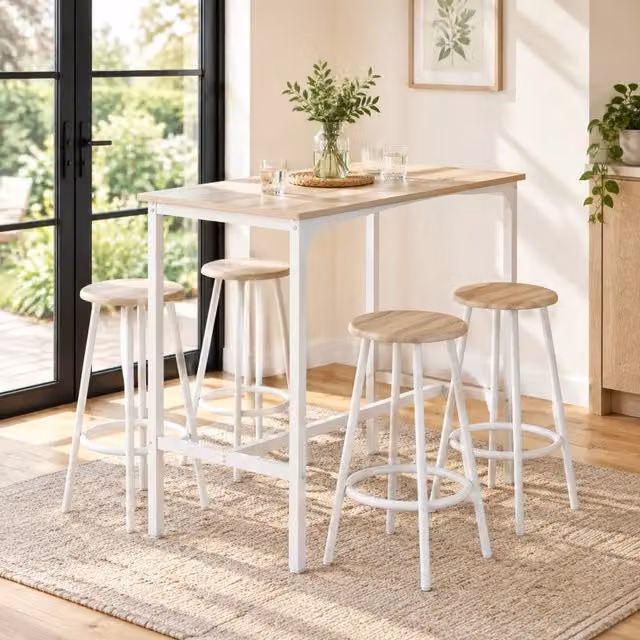Set tavolo e sedie con tavolo bar e 4 sgabelli salvaspazio in legno ingegnerizzato e metallo bianco e rovere