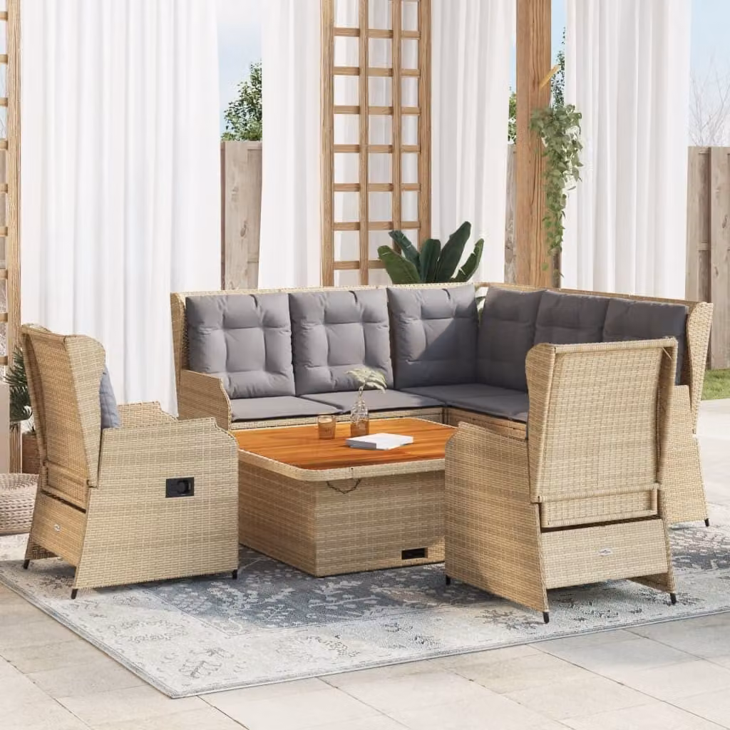 Set da esterno esclusivo per lounge, composto da 6 pezzi, con cuscini, in rattan sintetico beige