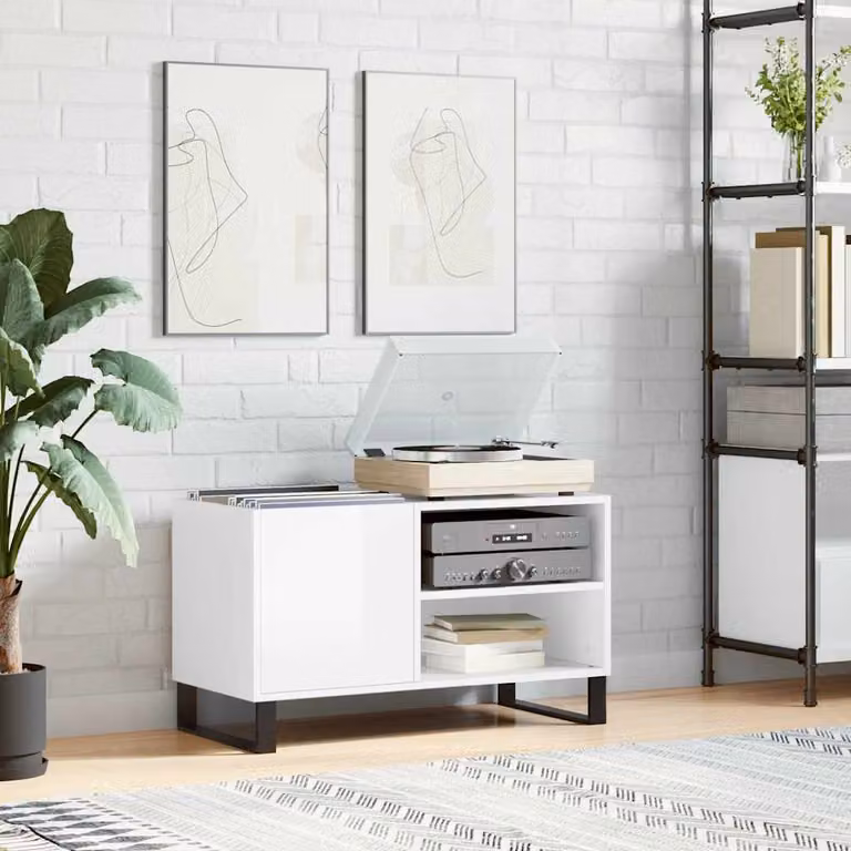 vidaXL Mobile Porta Dischi Bianco Lucido in Legno e Metallo L: 85 cm, P: 38 cm, H: 48 cm