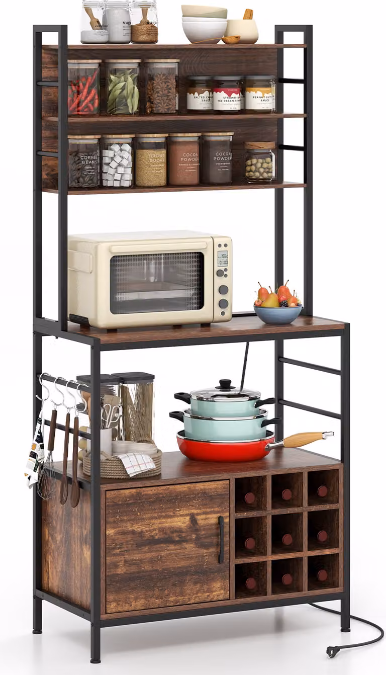 COSTWAY Scaffale da cucina alto 170 cm con presa di corrente, mobile bar con ganci a S, portabottiglie e robusta struttura in metallo Marrone