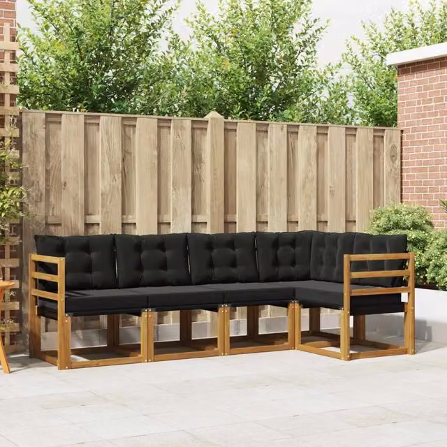 Set di divani da esterno a L vidaXL in legno di acacia con cuscini, colore marrone e nero – 1