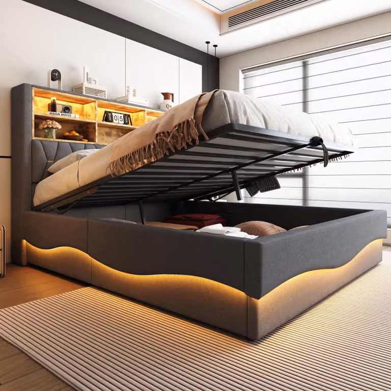 STILVORA 180x200 Letto imbottito con comodino e interfacce di ricarica USB, letto per ragazzi con luce LED tramite controllo APP, letto matrimoniale con rete a doghe metalliche, Lino, senza materasso, Grigio