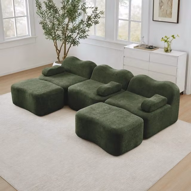 Divano Modulare a Forma di U Minimal con Ottoman Verde in Tessuto e Velluto