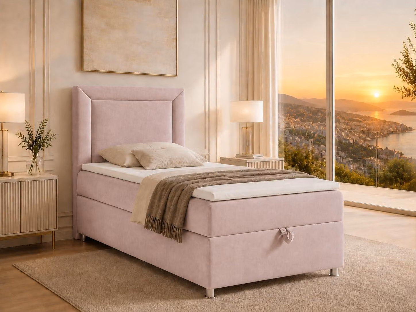 Best for Home Letto boxspring con contenitore Trinity K3-SINGLE 90x200 Materasso a molle Bonell incl. topper - Rosa