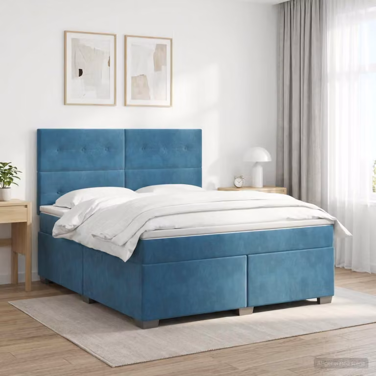Letto a molle con materasso e testiera blu, 160 x 200 cm, rivestito in velluto