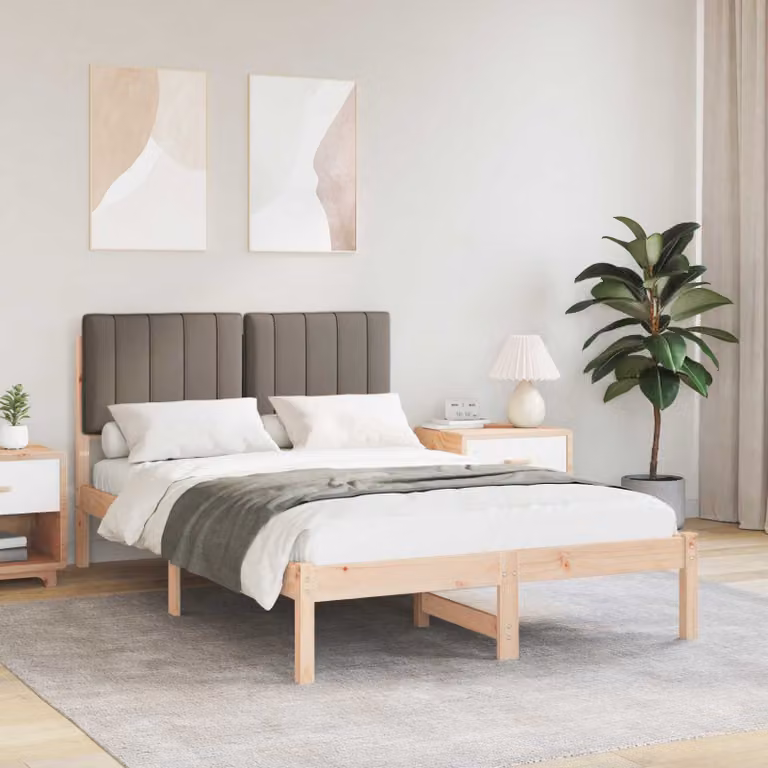 Letto moderno vidaXL in legno di pino con testiera rivestita in tessuto, colori beige, marrone e grigio, L/P/H: 205.5 x 120 x 84.5 cm