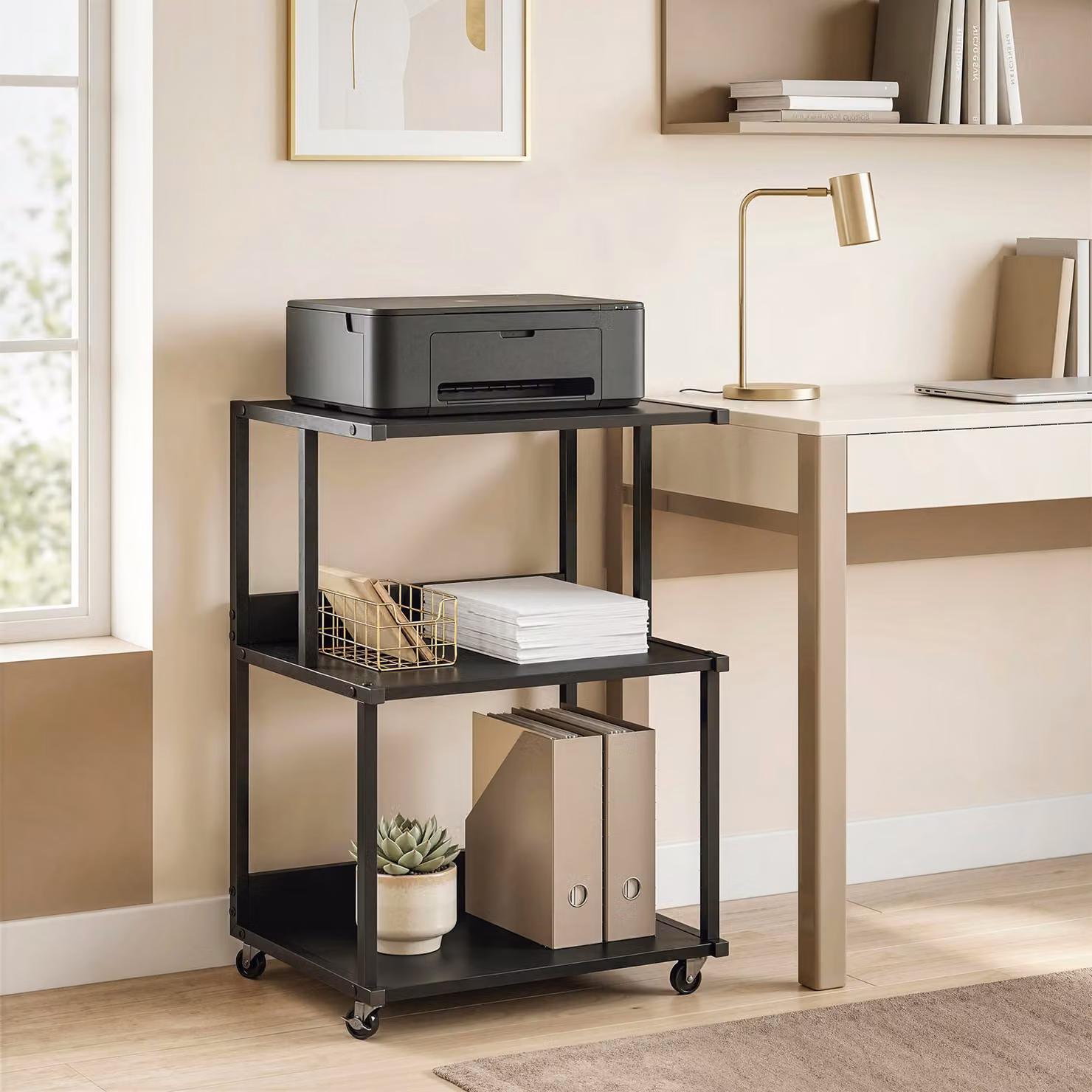 Supporto stampante HOMCOM a 3 livelli con ruote in metallo stile industriale, nero – 2