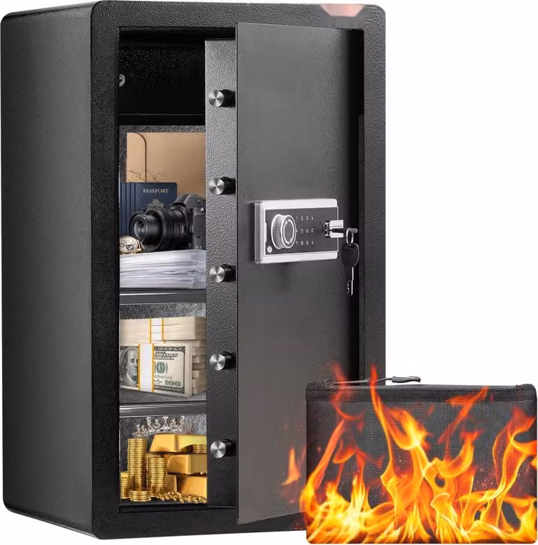 Cassaforte sicura per mobili con chiave e password - 42x38x70 cm - nero - sistema di allarme - parete divisoria - illuminazione a LED - montaggio a parete