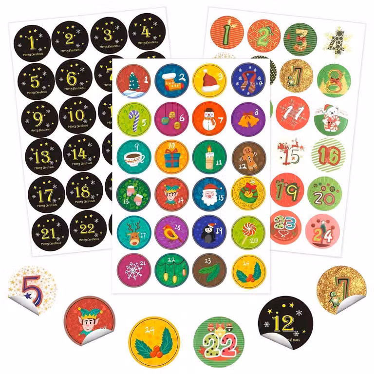 3 fogli di adesivi numerati per calendario dell'Avvento, con numeri da 1 a 24, diametro di circa 45 mm, con motivi natalizi