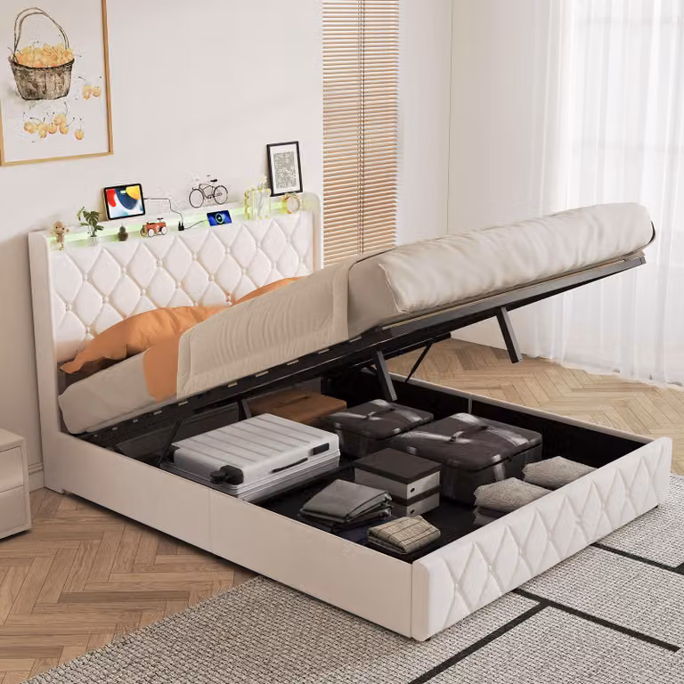 Letto imbottito 140x200 cm con contenitore, luci LED RGB, porta USB-C, sistema di sollevamento idraulico, spazio contenitivo, testiera imbottita, letto matrimoniale color beige