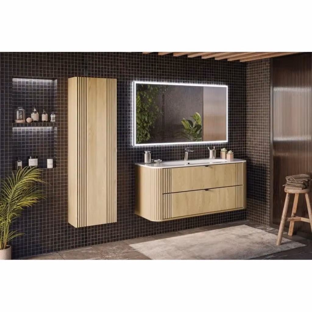 Set da bagno moderno Meublorama KORI composto da mobile sottolavabo, lavabo da incasso e colonna di storage in legno color beige e marrone con illuminazione LED – 2