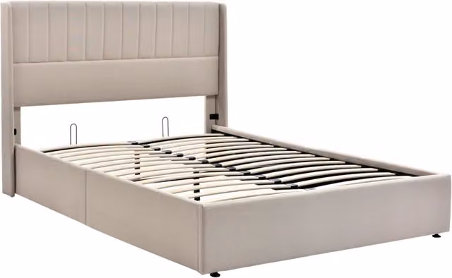 Letto contenitore matrimoniale imbottito 140x200 cm con base idraulica, struttura in legno e metallo, rivestimento in lino beige