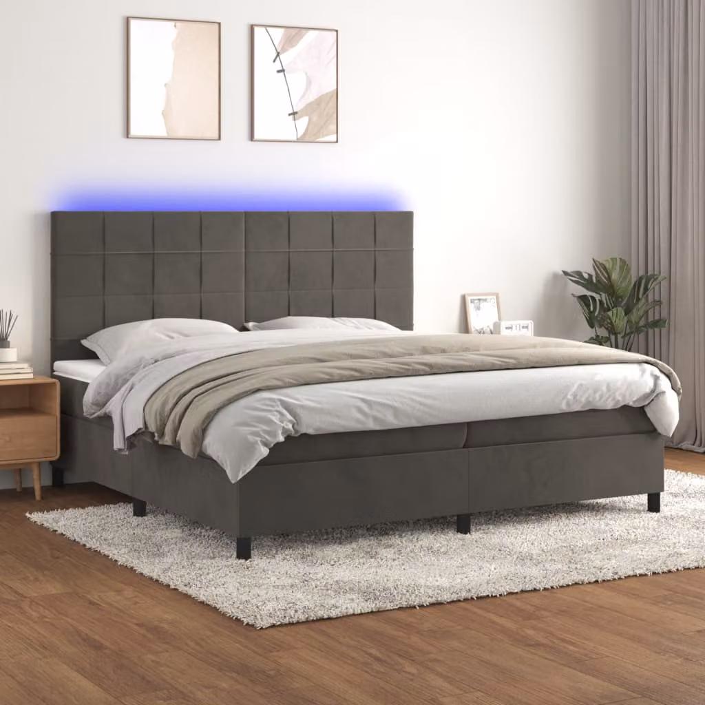 vidaXL Letto Ibrido con Materasso e Illuminazione LED in Velluto Grigio L: 200 cm, P: 200 cm, H: 203 cm – 1
