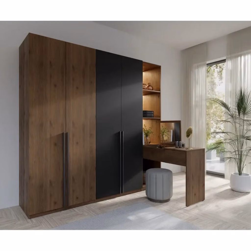 Armadio Meublorama NORVIK con toeletta integrata, 4 ante, colore noce e nero, con specchio e illuminazione LED – 2