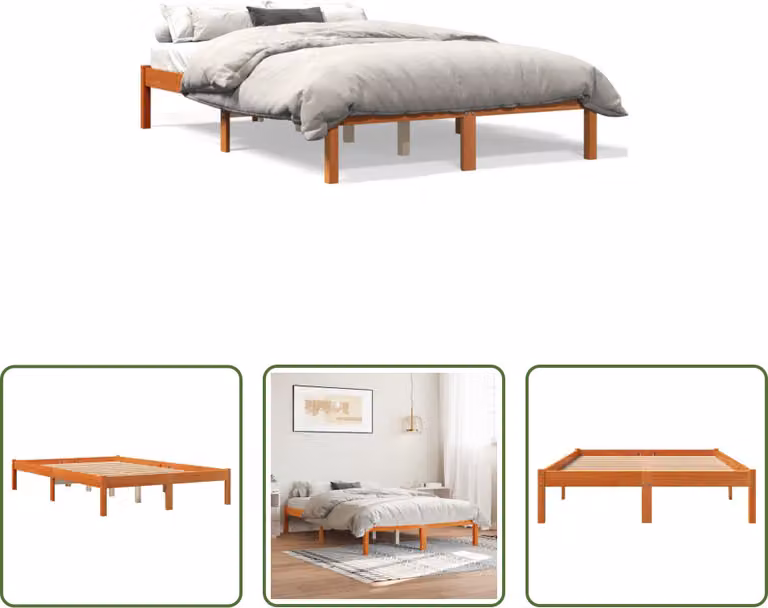 The Living Store Letto in legno massiccio cera marrone 140x200 cm pino