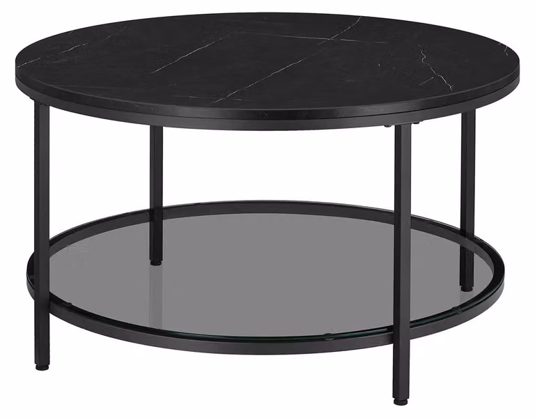 Tavolino da caffè con finitura effetto marmo nero – vetro temperato e acciaio – 80 x 46 cm – 30 kg