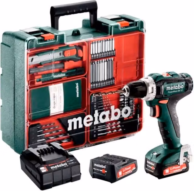 Trapano Avvitatore Metabo PowerMaxx BS 12 Set Verde con 2 Batterie LiHD da 2,0 Ah, Caricabatterie SC 36, Accessori e Valigetta