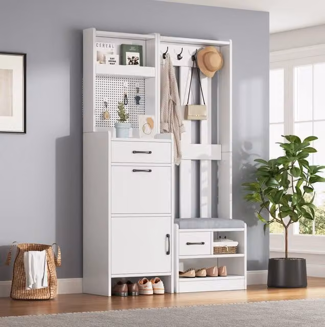 Appendiabiti multifunzionale 7-in-1 con panca, scaffali, 2 cassetti, 7 ganci, pannello forato, 110x35x175,5 cm, bianco
