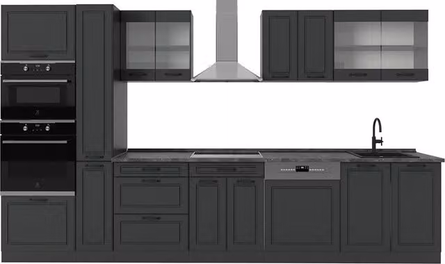 Cucina completa Vicco R-Line Antracite stile rustico con ante in vetro e illuminazione integrata L: 350 cm