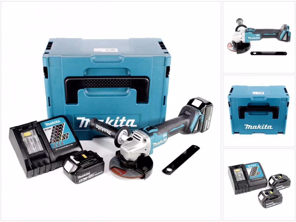Makita DGA 506 RTJ Smerigliatrice angolare a batteria 18V 125mm Brushless + 2x Batterie 5,0Ah + Caricabatterie + Valigetta Makpac