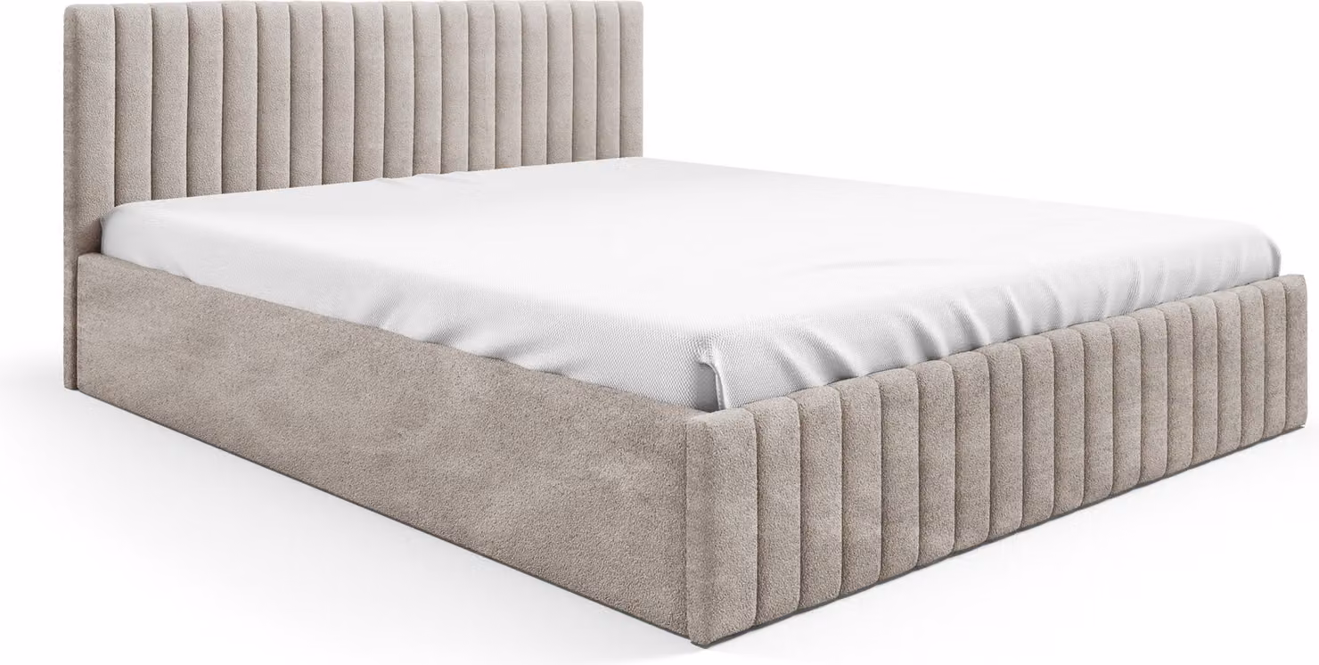 Letto imbottito 160x200 Letto in tessuto boucle beige con rete a doghe in legno e vano contenitore