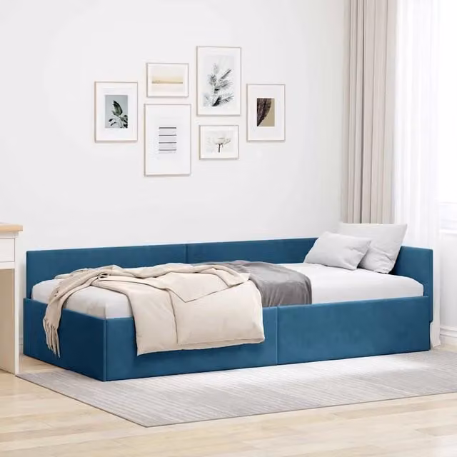 Letto ad angolo con chaise longue asimmetrica vidaXL in velluto blu con cassetti L: 204 cm, P: 140 cm, H: 94 cm