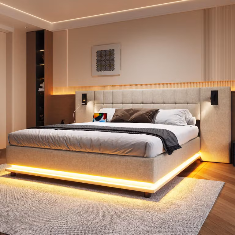 Letto imbottito Merax 180x200, letto matrimoniale con striscia LED, testata con luce di lettura e connessione USB, rete a doghe, tessuto di lino, letto piano, beige