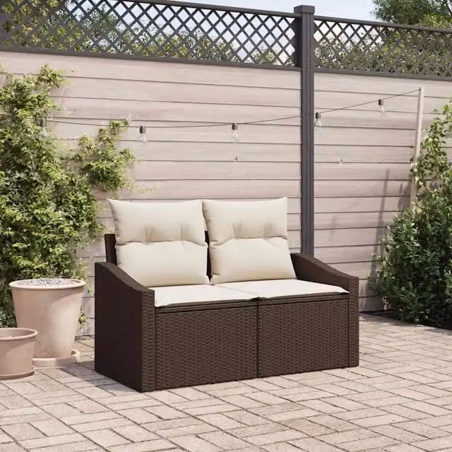 Divano da giardino moderno vidaXL in polyrattan marrone con cuscini, L: 123 cm, P: 62 cm, H: 69 cm