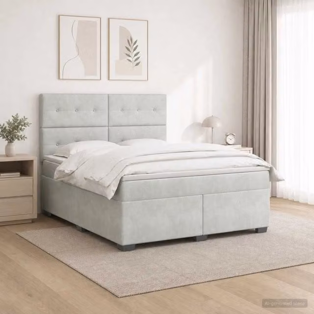 Letto box spring con materasso vidaXL in tessuto grigio e bianco con base a sollevamento, illuminazione sottostante e porta USB, L/P/H: 140 x 200 x 76,5 cm