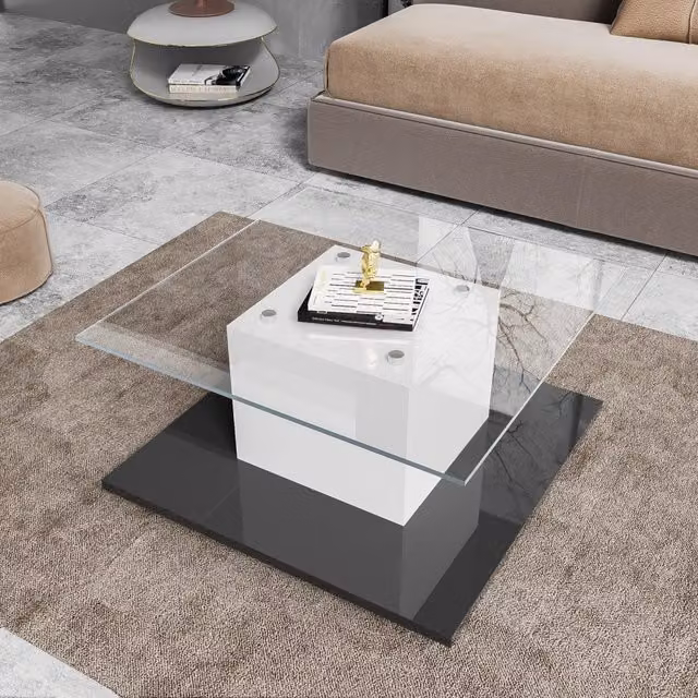 Tavolino da Salotto Quadrato Moderno OKWISH con Piano in Vetro e Ruote Piroettanti, Bianco e Nero