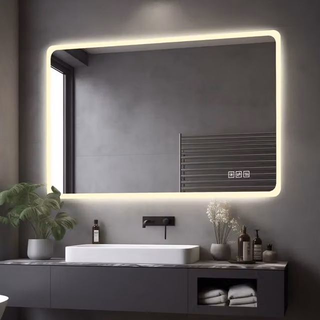 Specchio da bagno WISHDOR moderno con LED dimmerabile, bordo satinato e funzione anti-appannamento, colore silver, L: 60 cm, H: 100 cm