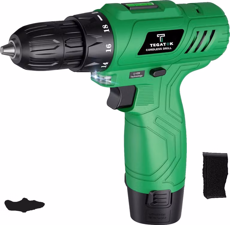Trapano avvitatore a batteria, 12V, velocità variabile, 18+1 livelli di coppia, verde