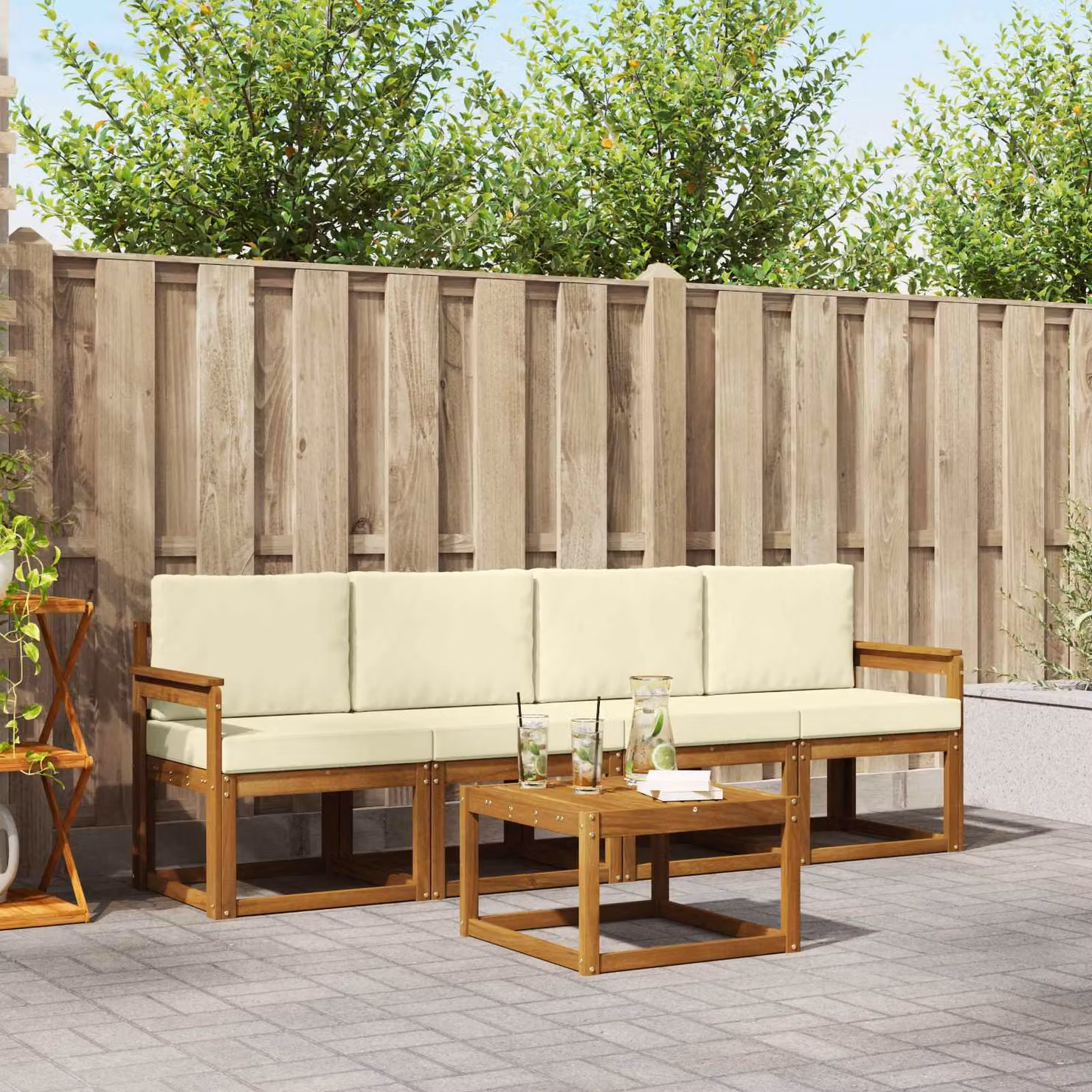 Set di divani da esterno vidaXL 5 pezzi in legno di acacia con cuscini, colori beige, bianco e marrone
