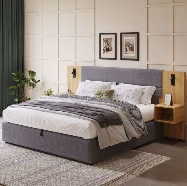 Letto 180x200 cm con contenitore idraulico; USB e 2 comodini; velluto grigio e colore naturale (Senza materasso)