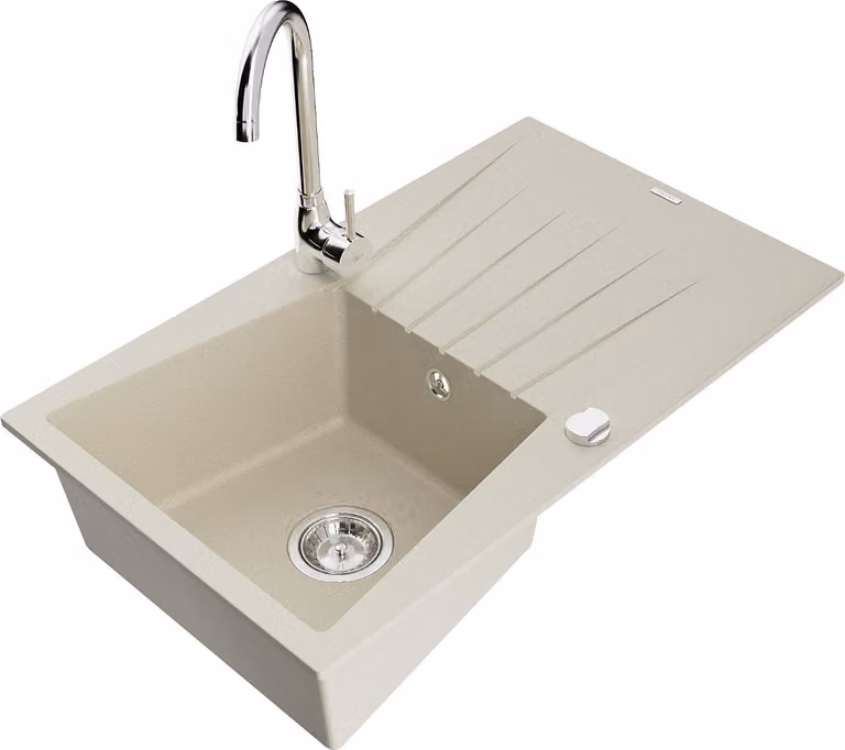 Mexen Cesar lavello in granito a 1 vasca con scolapiatti e rubinetto da cucina Telma, beige - 6514-69-670200-00