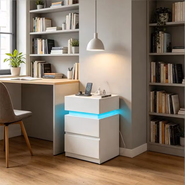 Set di 2 comodini bianchi in legno con luce LED regolabile e stazione di ricarica integrata