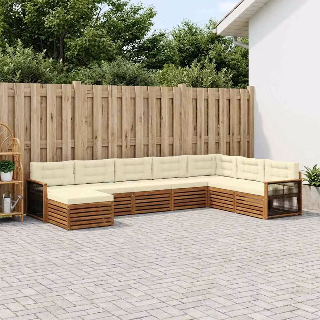 vidaXL Set di divani da esterno a L composto da 8 pezzi in legno di acacia con cuscini, colore naturale e crema