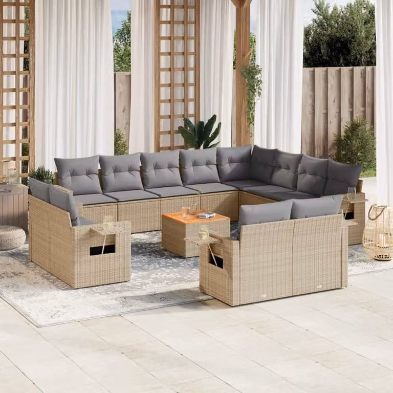 Set Divano da Giardino vidaXL a Forma di L in Polyrattan con Cuscini Beige e Tavolino da Esterno, 13 Pezzi