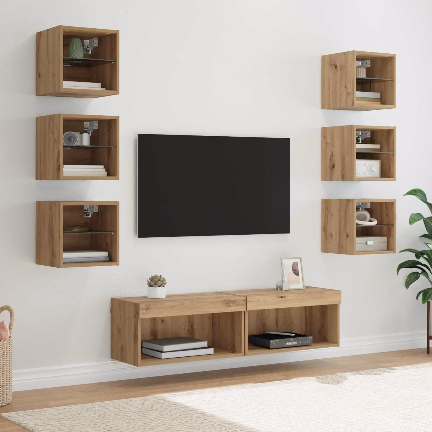 Mobile TV moderno vidaXL in rovere e vetro marrone con illuminazione integrata e scomparti multimediali L: 120 cm, P: 40 cm, H: 30 cm – 1